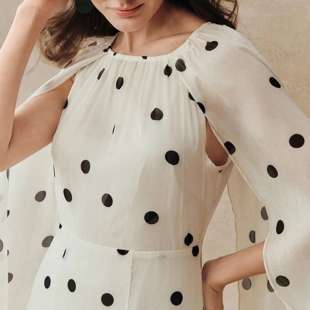 Beige Elegant Women's Long Polka Dot Flared Hem Dress